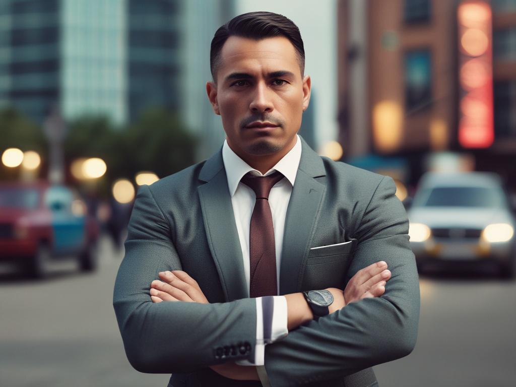 A highly trained Mexican bodyguard standing confidently with crossed arms, wearing a professional suit and earpiece. The background features an urban environment, subtly blurred to emphasize the bodyguard in focus. The scene captures a sense of security and professionalism, with natural lighting highlighting the bodyguard's serious demeanor.