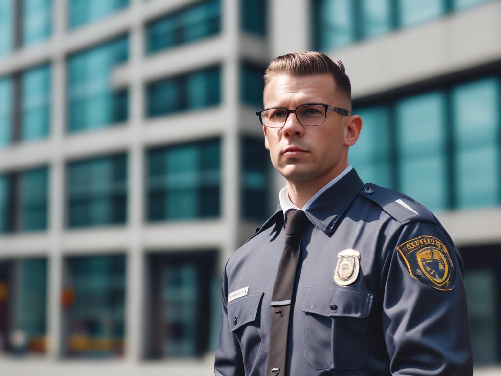 A professional security guard in uniform standing confidently in front