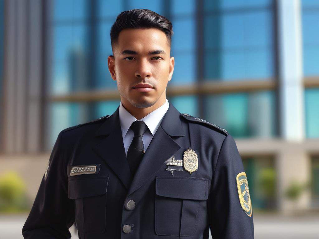 professional security guard in uniform, standing at attention, modern office