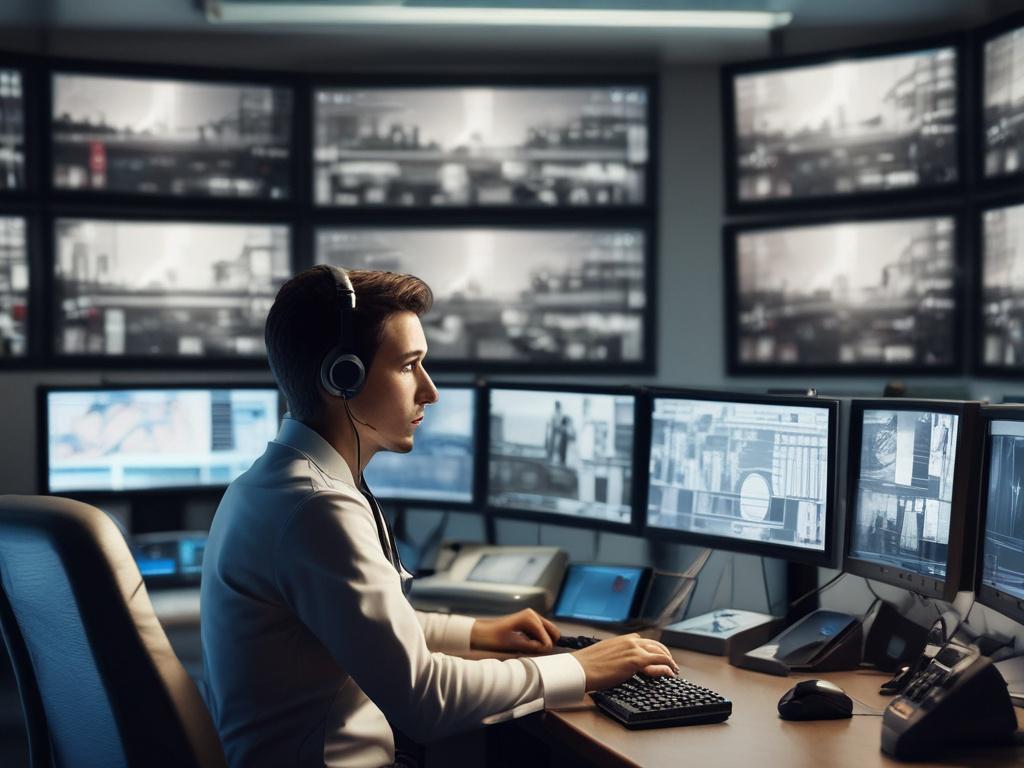 CCTV camera monitoring setup with screens, security operator in control