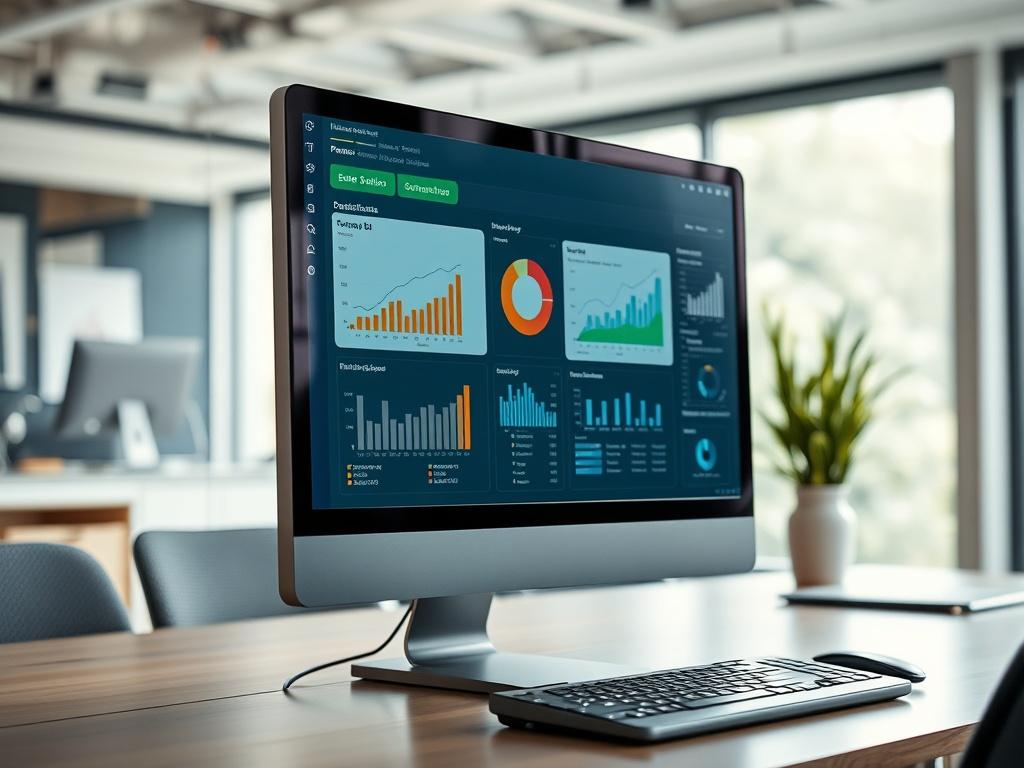 A realistic high-resolution photo depicting a professional workspace with a close-up view of a computer screen displaying a Power BI dashboard. The dashboard should show various data visualizations like graphs and charts related to ERP systems. The background should be a modern office setting with soft natural lighting, emphasizing productivity and technology.