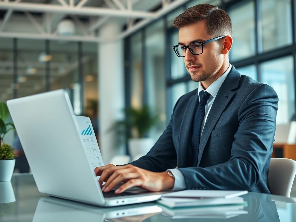 A close-up shot of a confident business professional analyzing financial reports on a laptop in a modern office setting. The focus is on the individual, dressed in business attire, with charts and graphs displayed on the screen. The background is subtly blurred to emphasize the subject, with a color palette featuring green tones that align with the primary color rgb(50, 170, 39). The lighting is bright and natural, creating a professional and inviting atmosphere.