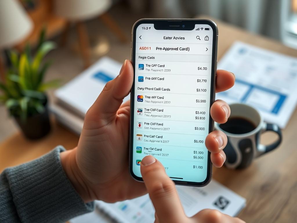 A close-up shot of a hand holding a smartphone displaying a digital list of pre-approved credit cards. The background is softly blurred with an inviting office setting, featuring a desk with financial documents and a coffee cup. The focus is sharp on the smartphone screen, showcasing clear and organized lists, emphasizing ease of access and modern financial solutions.
