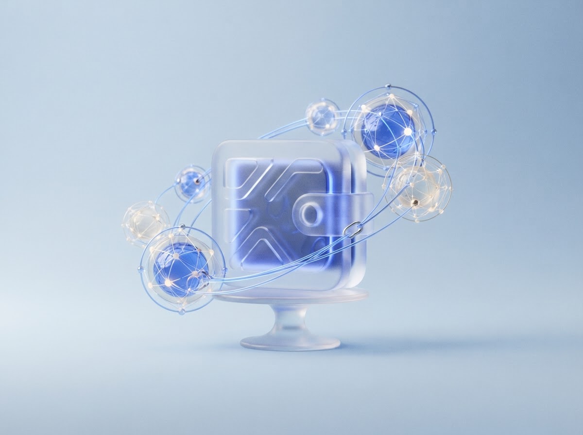 Sculptural wallet tile and glowing network orbs representing connected Web3 tools