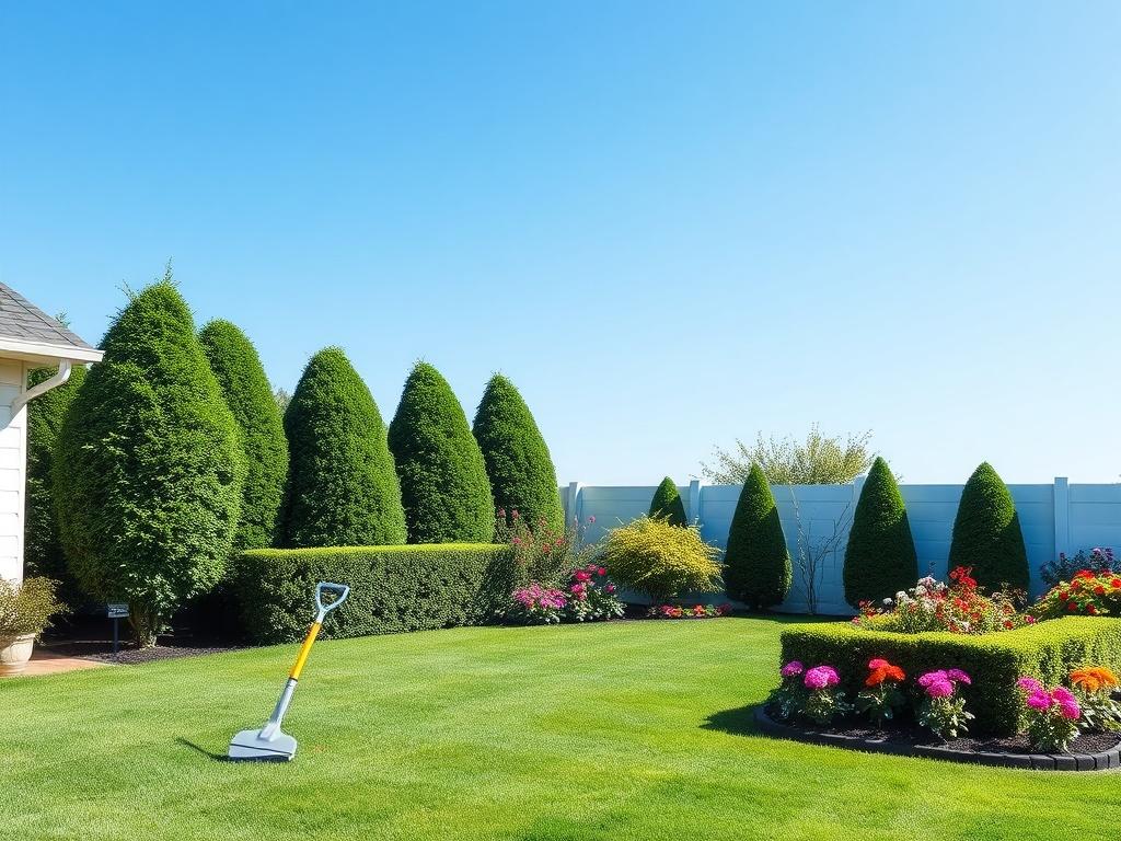 A clean and organized yard after a thorough yard cleanup, showcasing a vibrant green lawn, trimmed hedges, and neatly arranged flower beds. The background features a clear blue sky, emphasizing a fresh and inviting atmosphere. The scene should reflect a well-maintained outdoor space with bright, colorful flowers, and a few garden tools placed neatly nearby, indicating recent care and attention.
