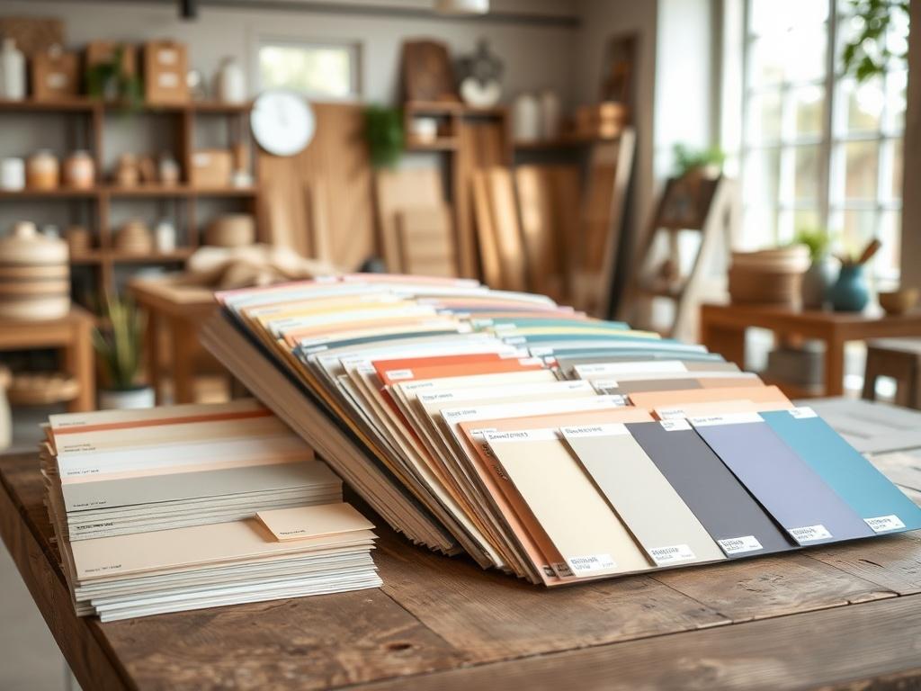 **AI Image Generation Prompt:**

Create a realistic high-resolution photo that visually represents a blog post titled "Essential Tips for Choosing the Right Paint." The image should feature a single subject: a well-organized display of various paint samples in a color palette. The paint samples should be neatly arranged on a wooden table, showcasing a range of colors from soft pastels to vibrant hues. The focus should be on the texture and finishes of the paint, with the samples labeled for easy identificat