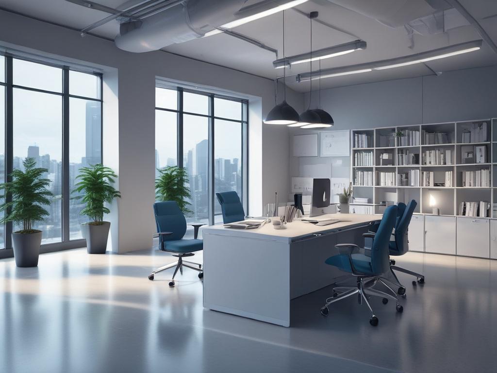 A modern office environment featuring a sleek desk with a laptop displaying workflow automation software. The background is softly lit in cool tones of blue and gray, emphasizing a productive atmosphere. The scene conveys a sense of efficiency and innovation, with high-resolution details on the laptop screen and a minimalist aesthetic.