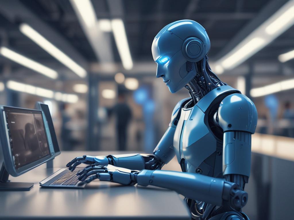 A futuristic workspace featuring a friendly AI robot interacting with a small business owner. The robot displays a digital interface on its chest, showcasing customer service features. The environment is modern, with shades of blue and gray, creating a harmonious and engaging atmosphere. The focus is on the collaboration between human and AI, highlighting innovation.