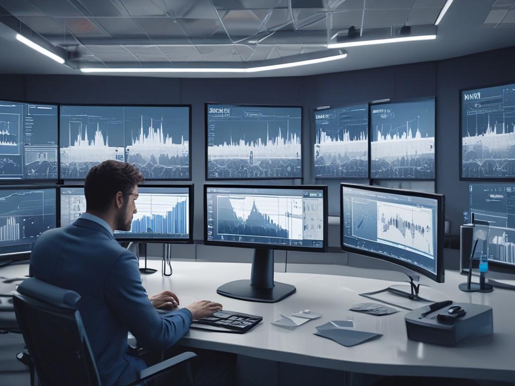 An elegant office setting with a data analyst reviewing integrated data on multiple screens. The screens display colorful graphs and analytics in a modern interface. The environment is cool-toned, with rich blue and gray shades, emphasizing a professional and focused atmosphere. The composition highlights the importance of data in driving business success.