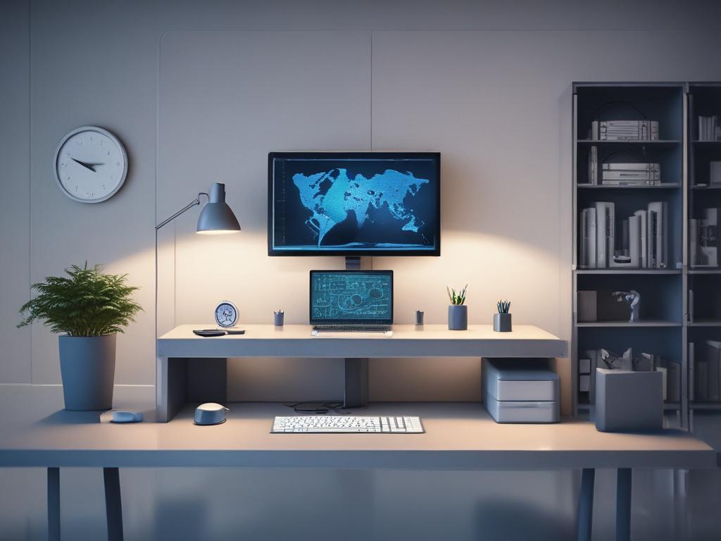 A high-resolution image of a modern workspace featuring a sleek desktop with a computer displaying an automated task management dashboard. The background should have cool tones, with shades of rich blues and soft grays, creating a calm and professional atmosphere.