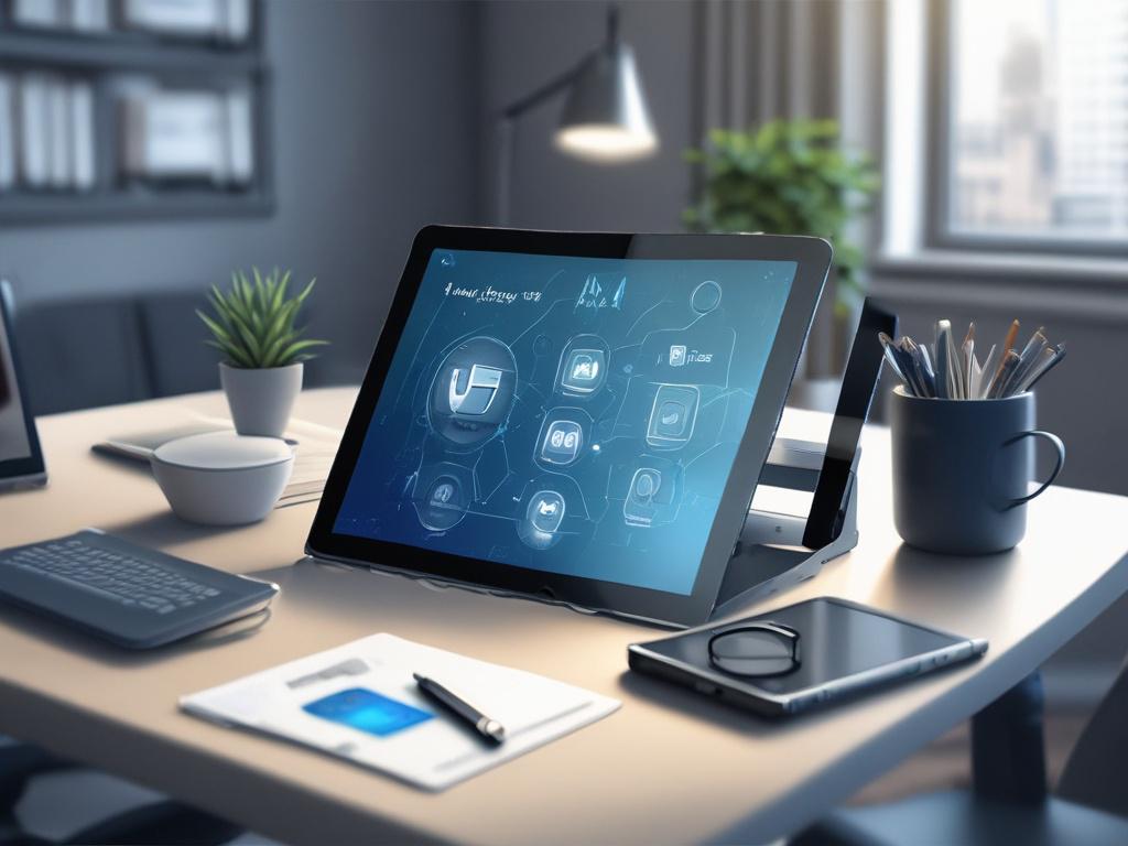 A high-resolution image depicting a custom AI agent interface on a tablet, surrounded by a modern workspace filled with technology. The decor should incorporate cool tones, focusing on rich blues and soft grays, to create a sophisticated and cutting-edge environment.