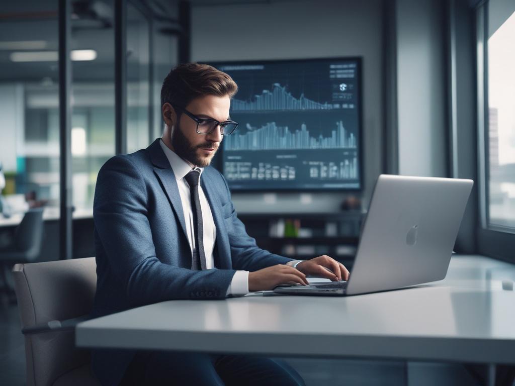A realistic high-resolution image of a professional analyzing customer data on a laptop in a modern office environment. The setting should feature cool-toned colors, emphasizing rich blues and soft grays, promoting a sense of focus and clarity.