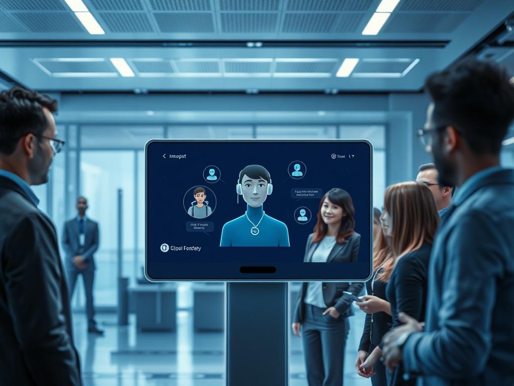 A futuristic setting showcasing a digital assistant on a sleek screen interacting with a diverse group of customers. The background features a high-tech office environment with shades of blue and gray, emphasizing innovation and customer engagement. The digital assistant is animated, visually representing the concept of intelligent, responsive AI.