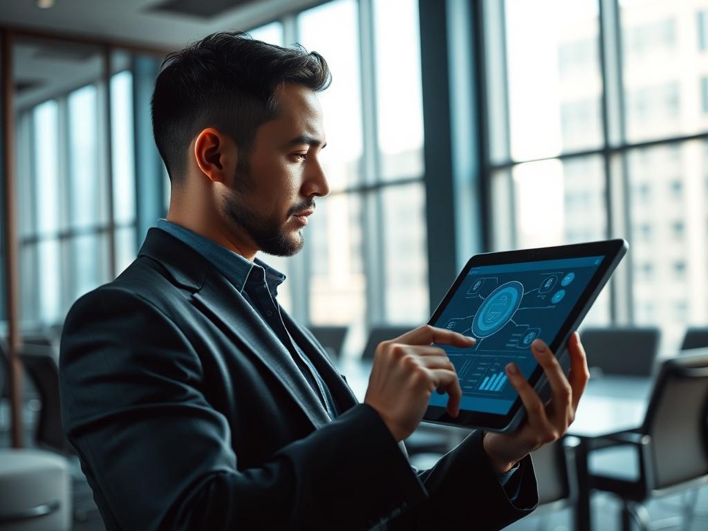 A close-up of a business professional using an AI-powered software on a tablet, set against a backdrop of a modern conference room. The room features large windows with natural light pouring in, highlighting cool tones of blue and gray. The professional is engaged, illustrating the ease of using AI technology in everyday tasks.
