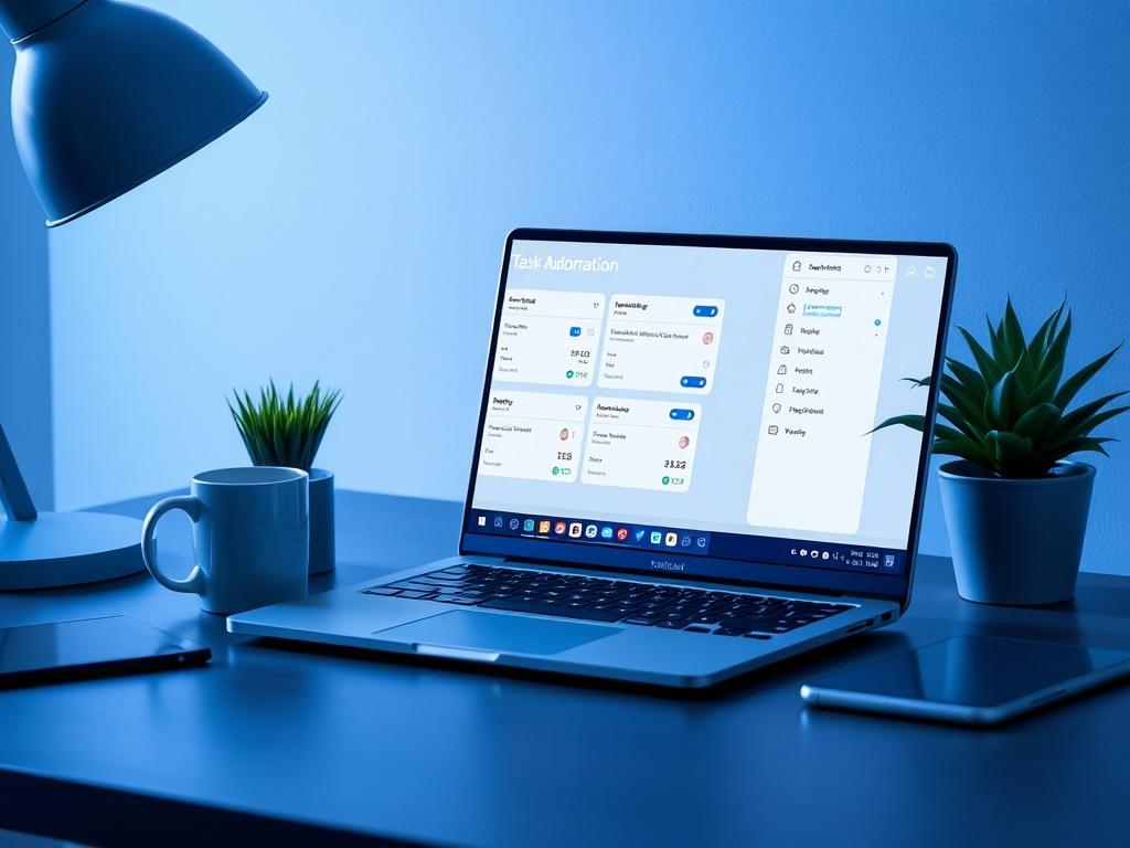 A sleek, modern office desk with a laptop displaying a task automation software interface. The scene features minimalist decor with shades of rich blues and soft grays. A coffee mug sits beside the laptop, and a potted plant adds a touch of green. The lighting is cool-toned, creating a professional atmosphere.