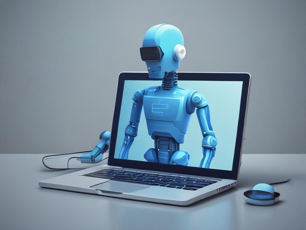 high-resolution image of an AI chatbot displayed on a laptop screen, cool-toned environment with shades of blue and gray, minimalist design.