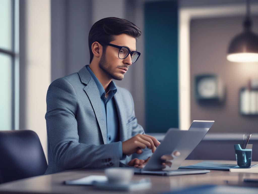 a focused business professional interacting with a custom AI agent on a laptop, minimalist workspace with a blend of violet and light blue accents in the background