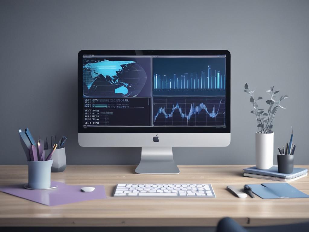 a sleek and modern workspace featuring a computer screen displaying automation software, clean desk, soft gray background with hints of violet and light blue accents