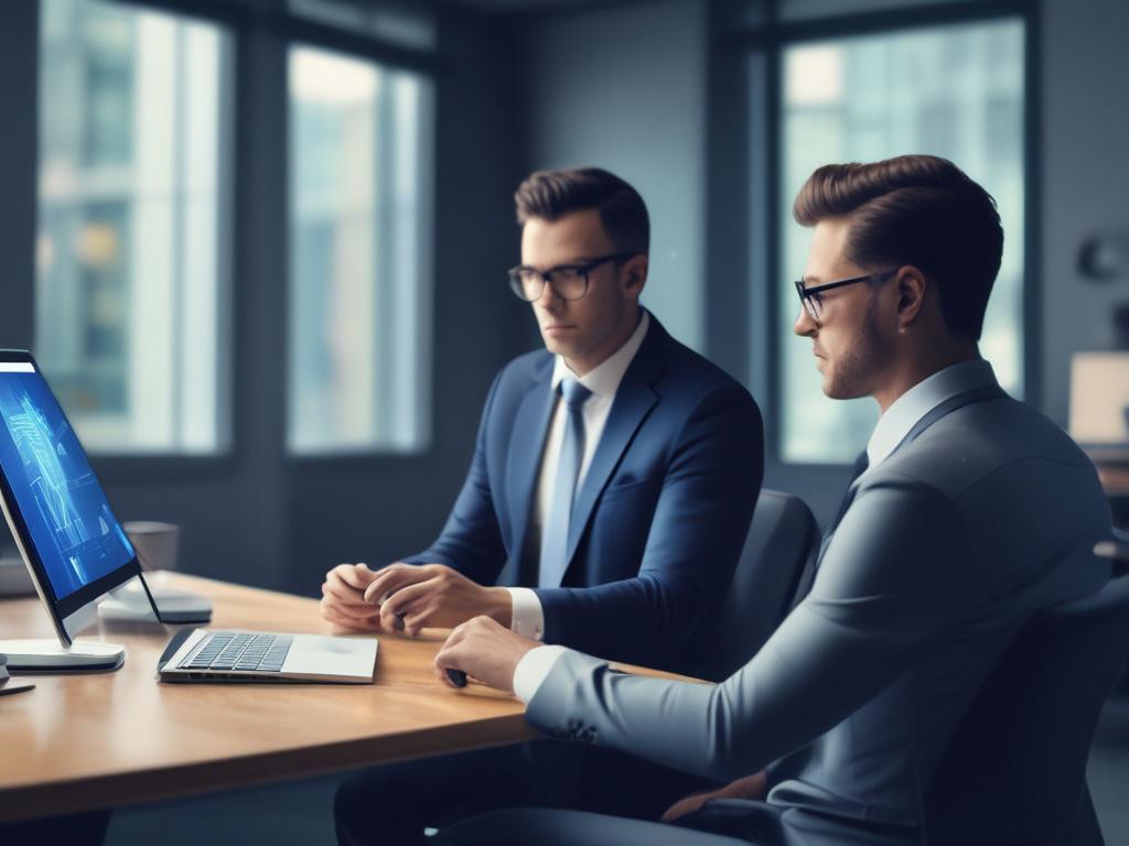 a modern office setting with a professional discussing AI integration on a tablet, cool-toned background with shades of blue and gray