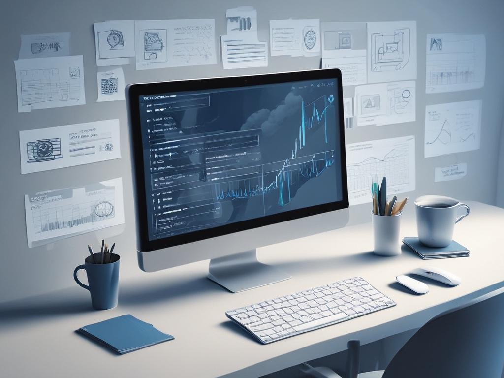 high-resolution image of workflow automation tools displayed on a computer screen, cool-toned environment with shades of blue and gray, minimalist design.