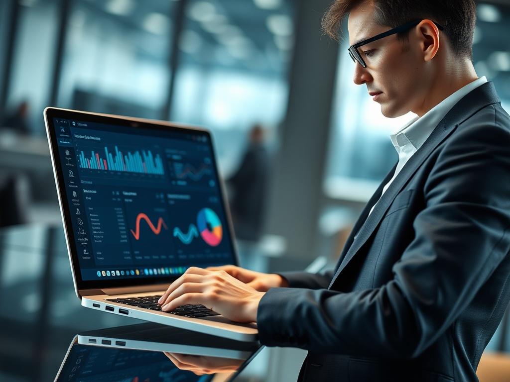 **Image Generation Prompt:**

Create a realistic high-resolution photo that embodies the theme "PLATFORM + SERVICES" based on the provided blog title and content. 

**Subject Matter:** The main focus should be on a confident, professional-looking individual (a business consultant) engaging with advanced technology, such as a sleek laptop displaying a sophisticated dashboard filled with analytics relevant to governance, risk, and compliance (GRC). The person should exemplify a blend of technology and experti