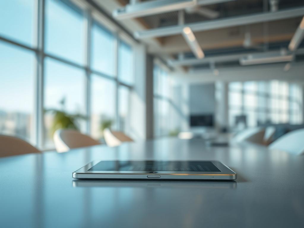 **Prompt for AI Image Generation:**

Create a realistic high-resolution photo that embodies the concept of "One Platform. One System. Total Control." The image should feature a single, polished metallic device, such as a tablet or touchscreen display, placed prominently in the center of a clean and minimalistic desk setting. The device should showcase an elegantly designed user interface, subtly hinting at a GRC (Governance, Risk, and Compliance) platform with graphs, charts, and monitoring metrics displaye