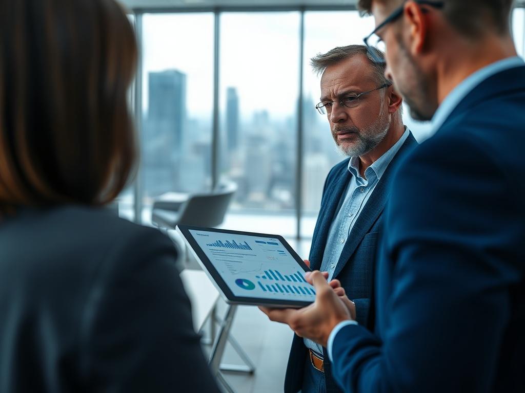 A close-up shot of a professional consultant engaged in a discussion with a client in a modern office setting. The consultant is holding a tablet displaying security compliance metrics, with a thoughtful expression. The background is softly blurred to emphasize the interaction, featuring sleek office furniture and a view of a city skyline through large windows. The color scheme incorporates shades of blue, harmonizing with the primary color rgb(2, 86, 197).