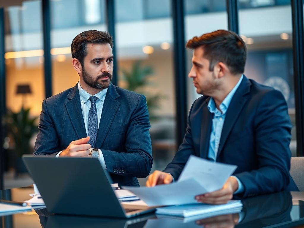 A close-up shot of a confident business consultant discussing security and compliance strategies with a client in a modern office setting. The background should be softly blurred to emphasize the interaction. The consultant is dressed professionally, with a focused expression, while the client listens attentively, surrounded by documents and a laptop. The overall tone should convey professionalism and partnership, with warm lighting to create an inviting atmosphere.