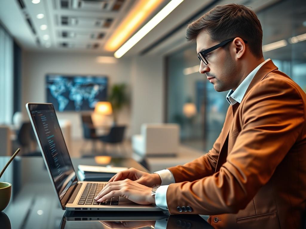 A hyper-realistic close-up shot of a professional cybersecurity consultant working on a laptop in a modern office environment. The consultant is focused, reviewing security protocols on the screen. The background features sleek, minimalistic office decor with a hint of technology, emphasizing a confident and professional atmosphere. The image should be vibrant and in line with the primary color rgb(2, 86, 197).