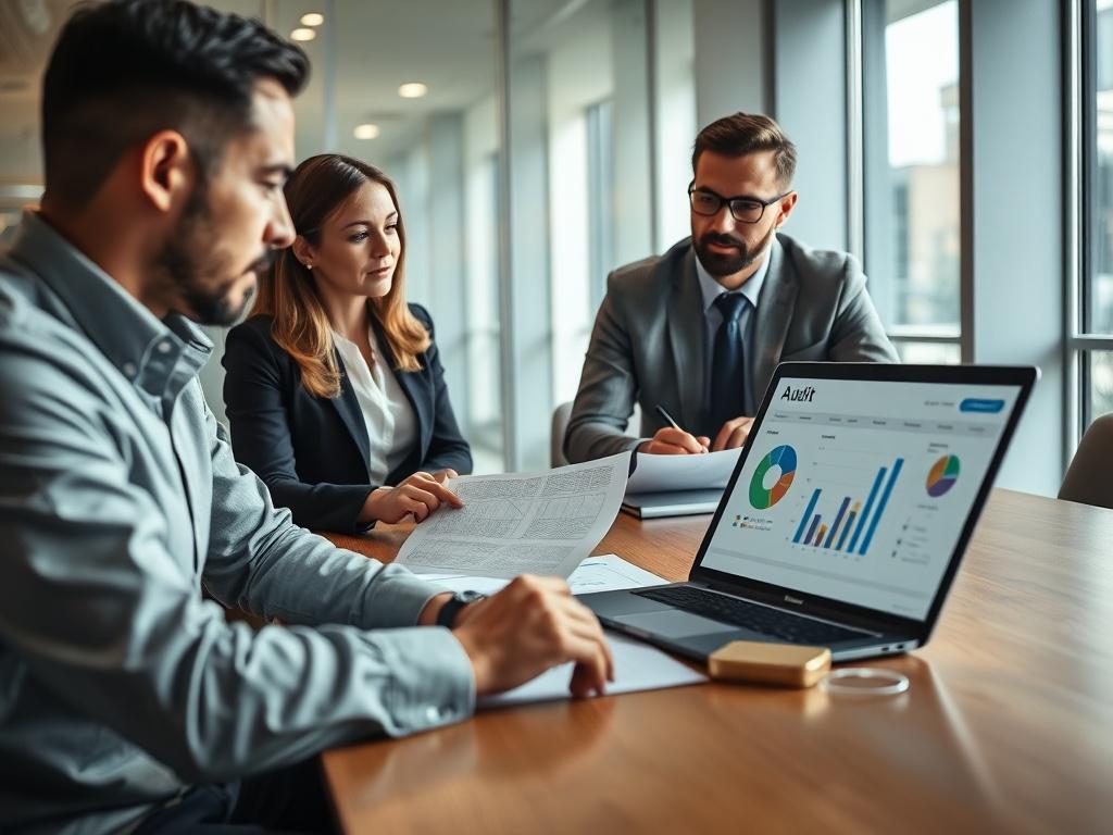 A high-resolution image of a professional conducting an audit review with a client in a modern boardroom. The scene captures both individuals engaged in discussion, with paperwork and a laptop open, showcasing charts and compliance metrics. The environment is bright and professional, emphasizing collaboration and expertise.