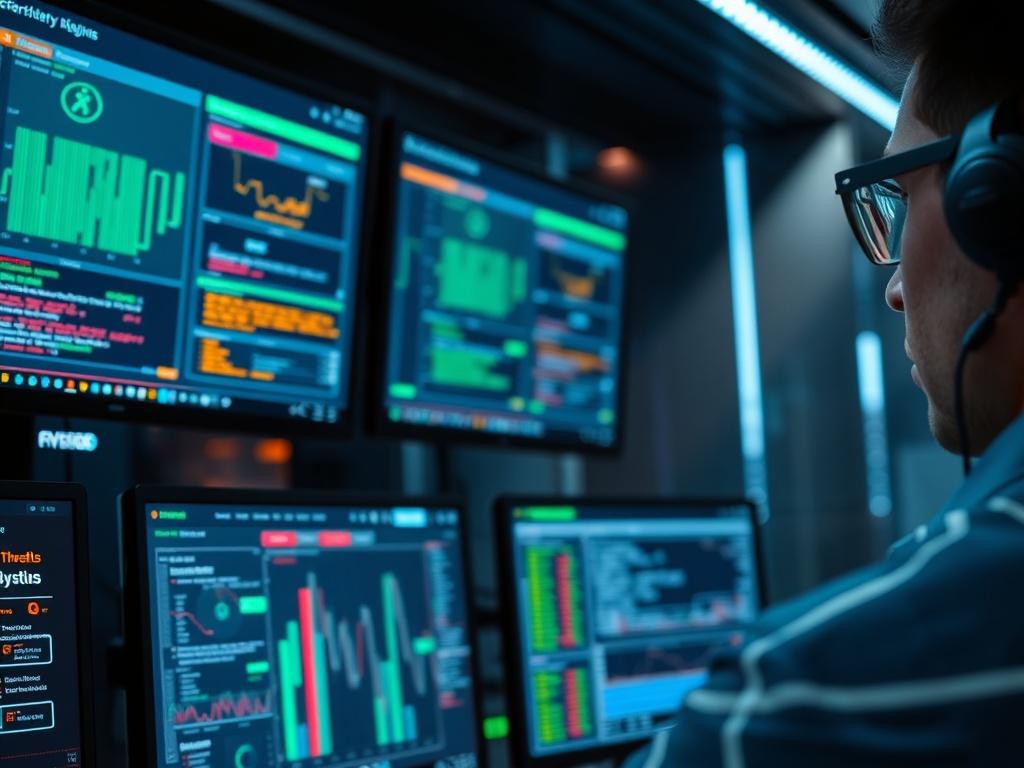 A close-up shot of a cybersecurity analyst monitoring threats on multiple screens in a high-tech operations center. The screens display real-time data and alerts, creating a sense of urgency and focus. The background features dim lighting with LED accents, emphasizing a modern and dynamic security environment.