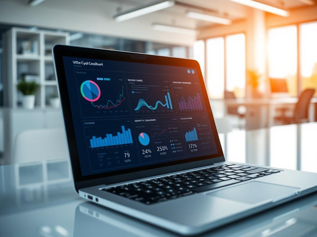 A close-up shot of a modern, sleek cybersecurity dashboard on a laptop, set in a professional office environment. The screen displays charts and metrics related to cybersecurity and compliance. The background features a clean, well-organized workspace, reflecting a high-tech and efficient vibe, with natural light illuminating the space.