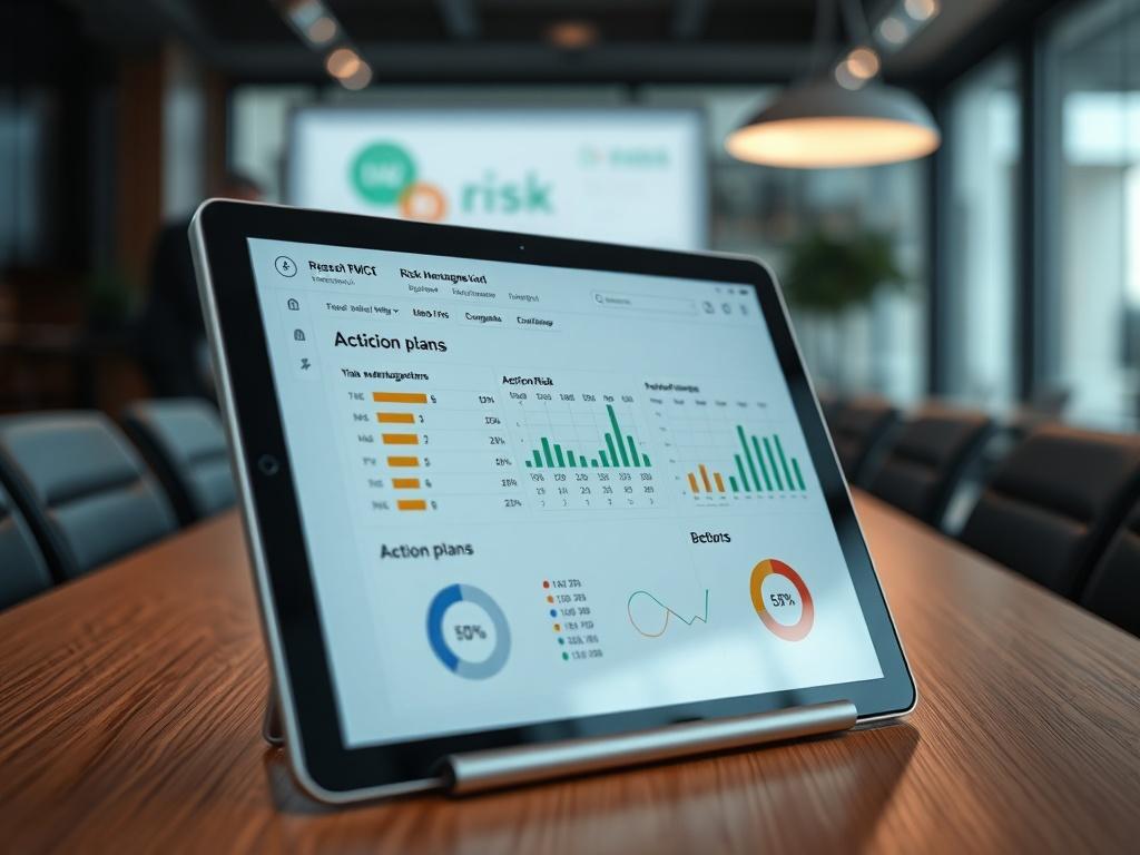 A hyper-realistic close-up shot of a risk management tool interface on a tablet, displaying risk assessments and action plans. The setting should be a professional workspace with a blurred background of a conference room, emphasizing the tool's application in a business context. The focus should be on the tablet's screen, showing a clear layout of risk metrics.