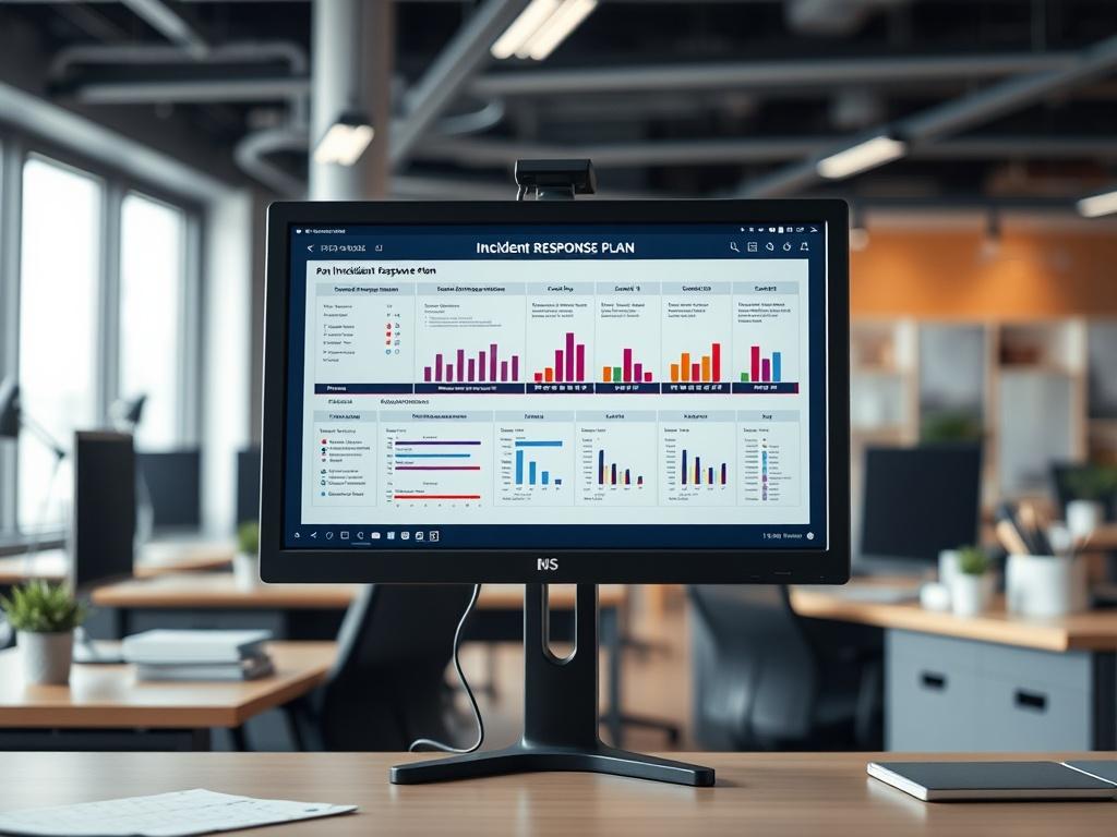 A hyper-realistic close-up shot of an incident response plan on a desktop monitor, featuring charts and response timelines. The office background should be modern and organized, capturing a sense of urgency and preparedness. Focus on the monitor’s screen, highlighting the clarity and detail of the response plan.