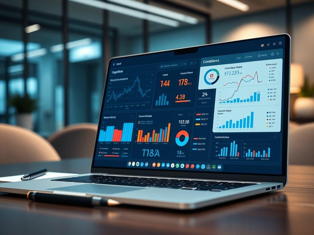A hyper-realistic close-up shot of a modern compliance dashboard displayed on a laptop screen, showcasing various graph analytics and compliance metrics. The background should be a sleek office environment with subtle lighting, featuring elements like a notepad and pen, conveying a professional atmosphere. The image should focus on the dashboard's interface, emphasizing clarity and usability.