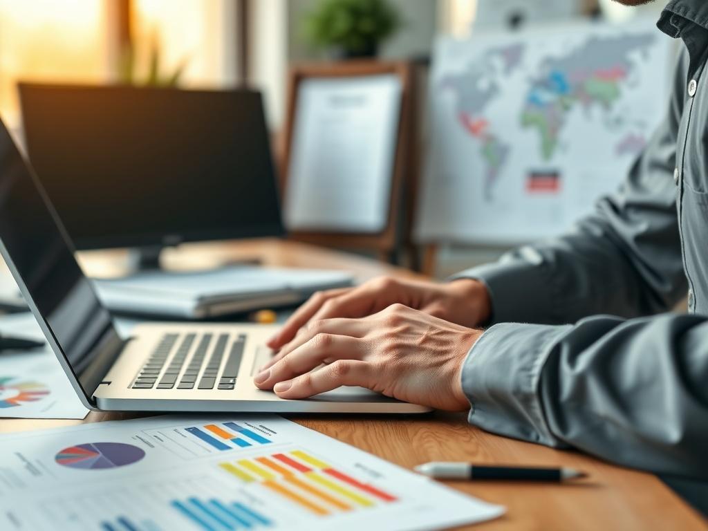 A focused project manager reviewing compliance documents on a beautifully organized desk. The scene captures the manager in the foreground, showing a close-up of their hands on a laptop and various colorful project management charts and notes spread around. The background is softly blurred to emphasize the subject, with a warm lighting that suggests an office environment. The colors should harmonize with the primary color rgb(2, 86, 197).