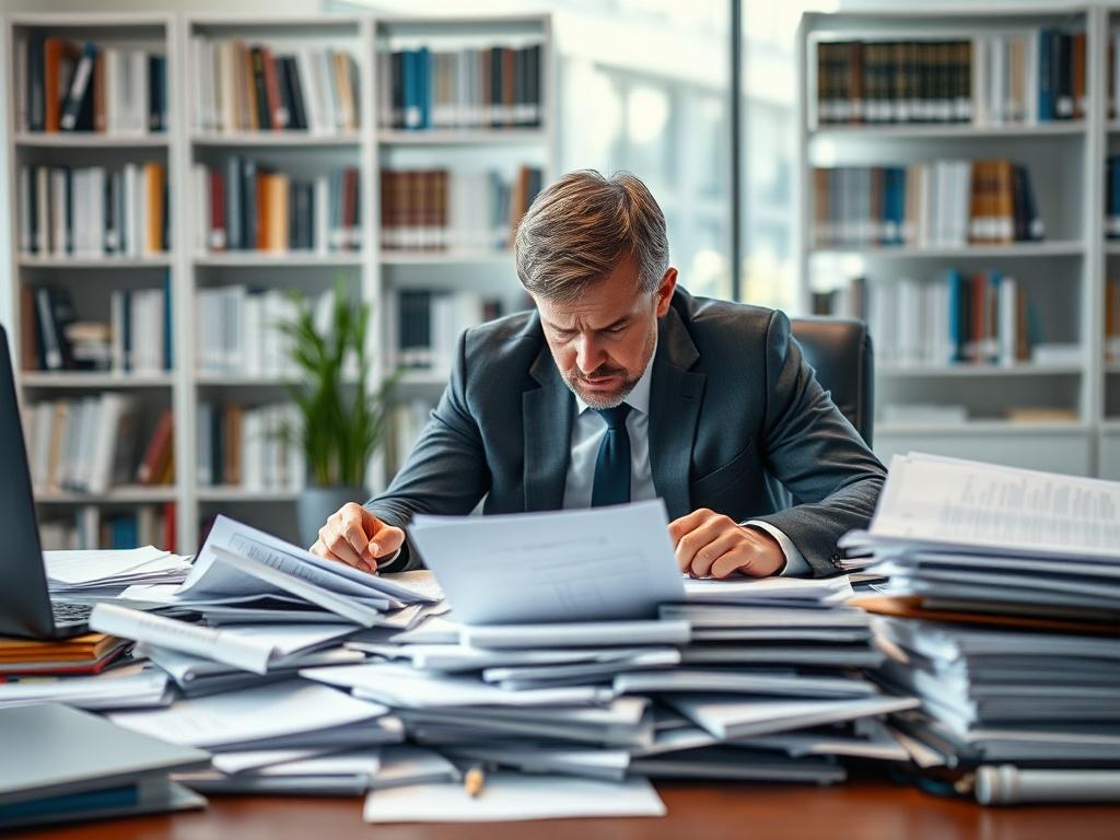 **AI Image Generation Prompt:**

Create a highly detailed, hyper-realistic image that captures the essence of the blog titled "Compliance Shouldn’t Be This Complicated." The composition should be simple and inviting, featuring a single subject to emphasize the challenges organizations face with compliance.

**Subject Matter:** 
Portray a frustrated business professional sitting at a cluttered desk. The individual, a middle-aged Caucasian male wearing smart casual attire, should appear overwhelmed as he star