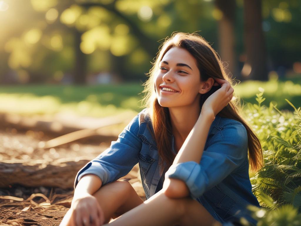 A photorealistic lifestyle photograph featuring a young woman enjoying a sunny day in a park, surrounded by nature. The composition should capture her in a candid moment, with vibrant colors reflecting her joyful expression. The background should include lush greenery and soft sunlight, creating an inviting atmosphere. The focus should be on her, showcasing her personality while the surrounding elements enhance the scene.
