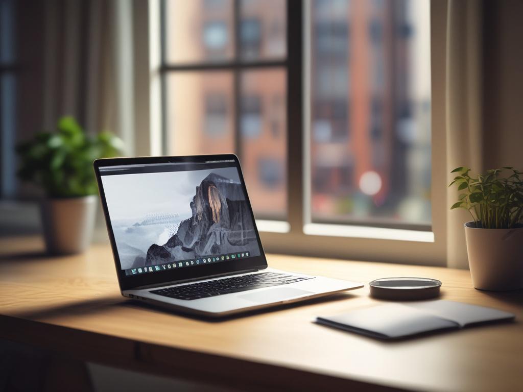 A high-resolution image depicting a sleek laptop on a modern desk, showcasing an open affiliate marketing guide. The background features a cozy workspace with natural light coming through a window, creating a warm atmosphere. The focus is on the laptop, enhancing the theme of online learning.