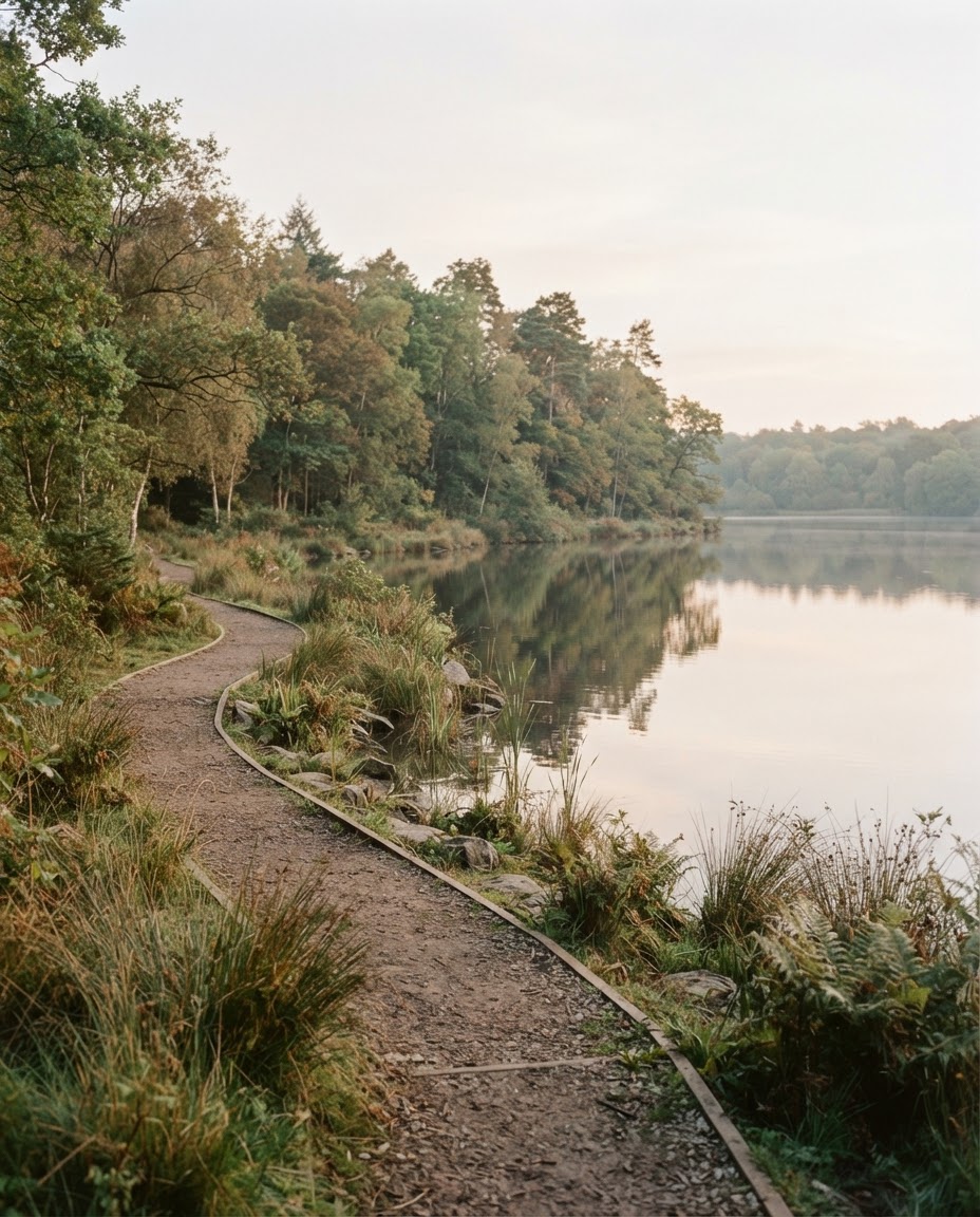 Still water and a quiet tree-lined path in soft morning light