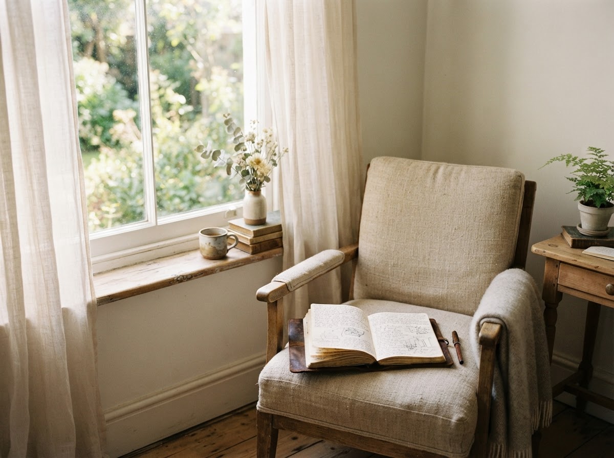 A journal resting in a peaceful sunlit interior