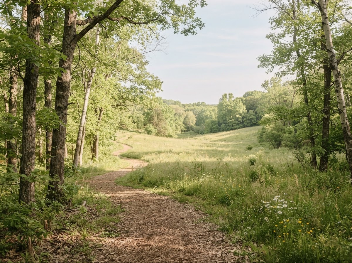 A forest path opening into a quiet, sunlit clearing