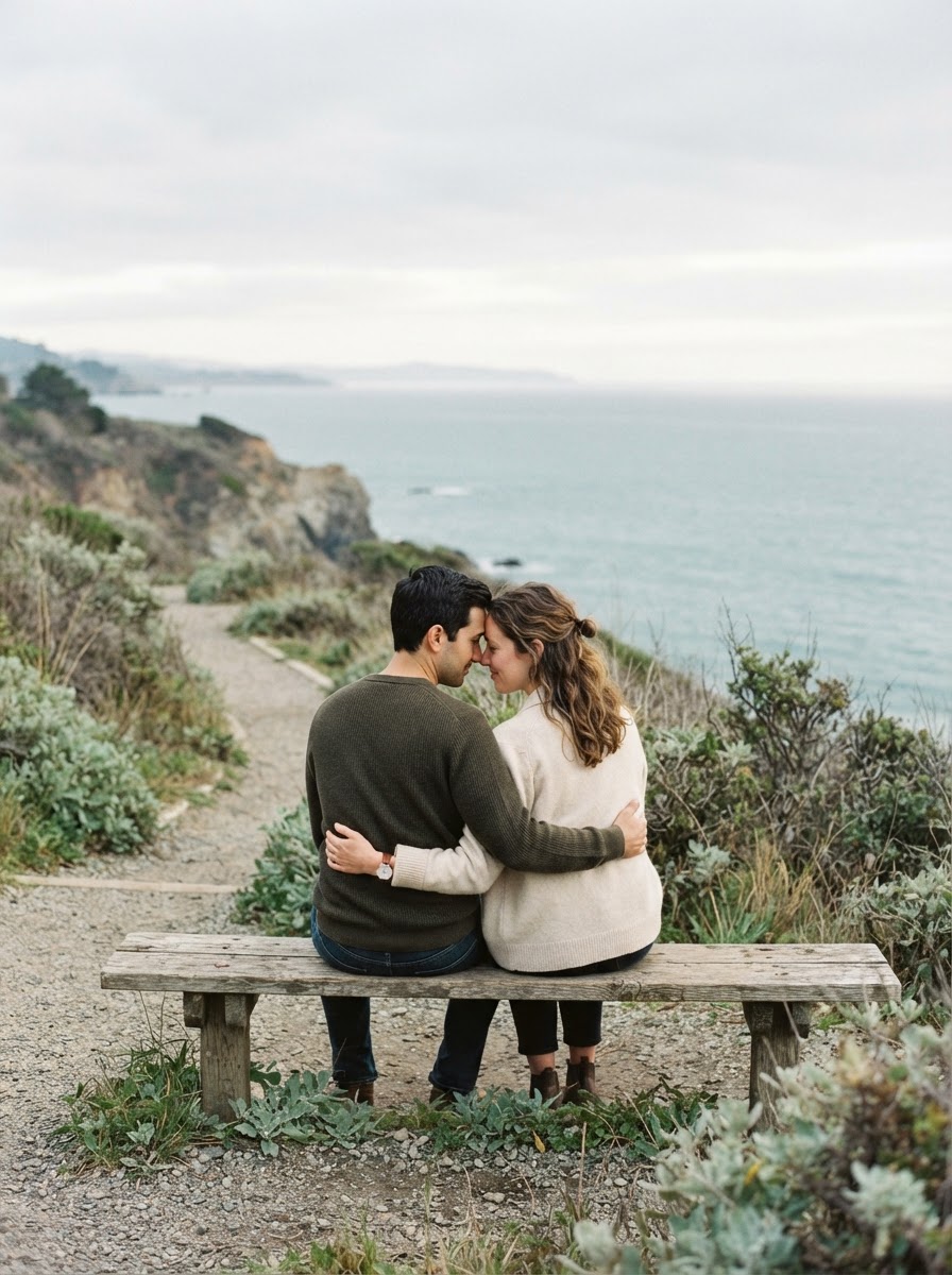 A couple sharing a quiet moment on a coastal path