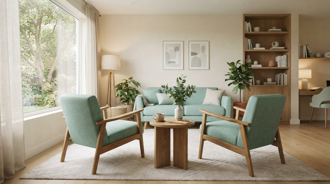 A calm, welcoming therapy office filled with soft daylight