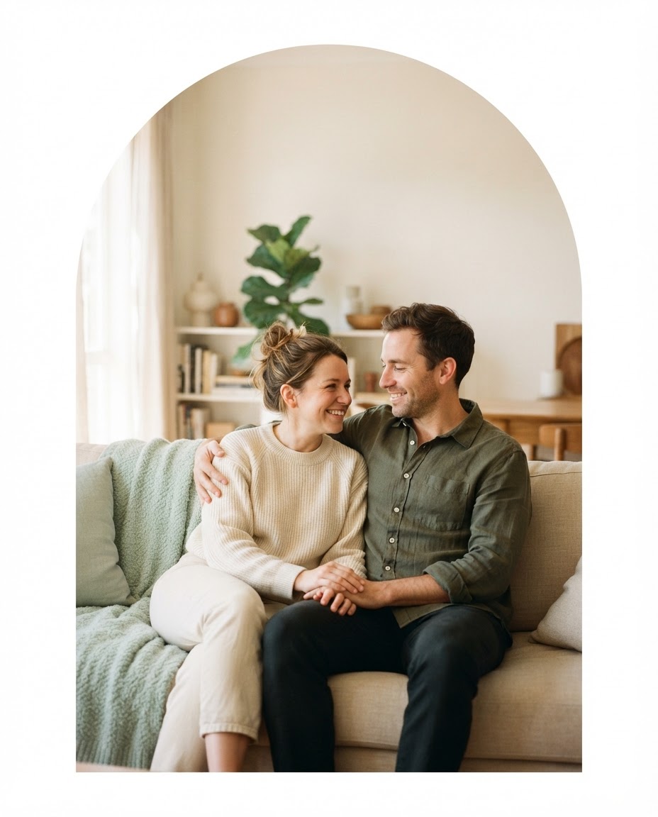 A couple sharing a quiet moment together in a softly sunlit room