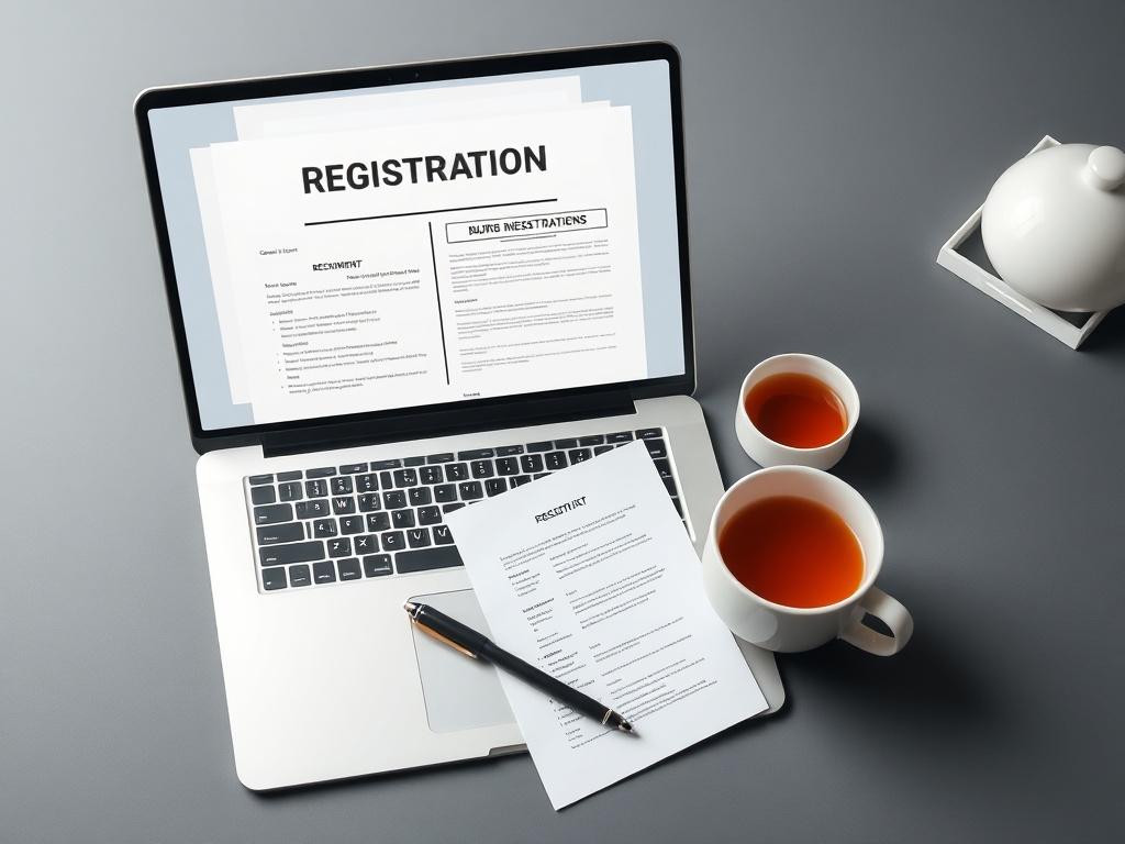 An organized office desk with a laptop showing business registration