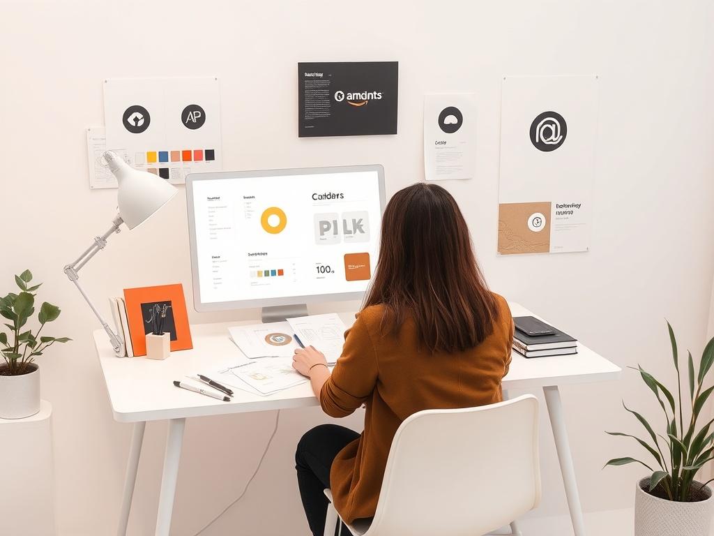 A minimalist design studio with a designer working on a
