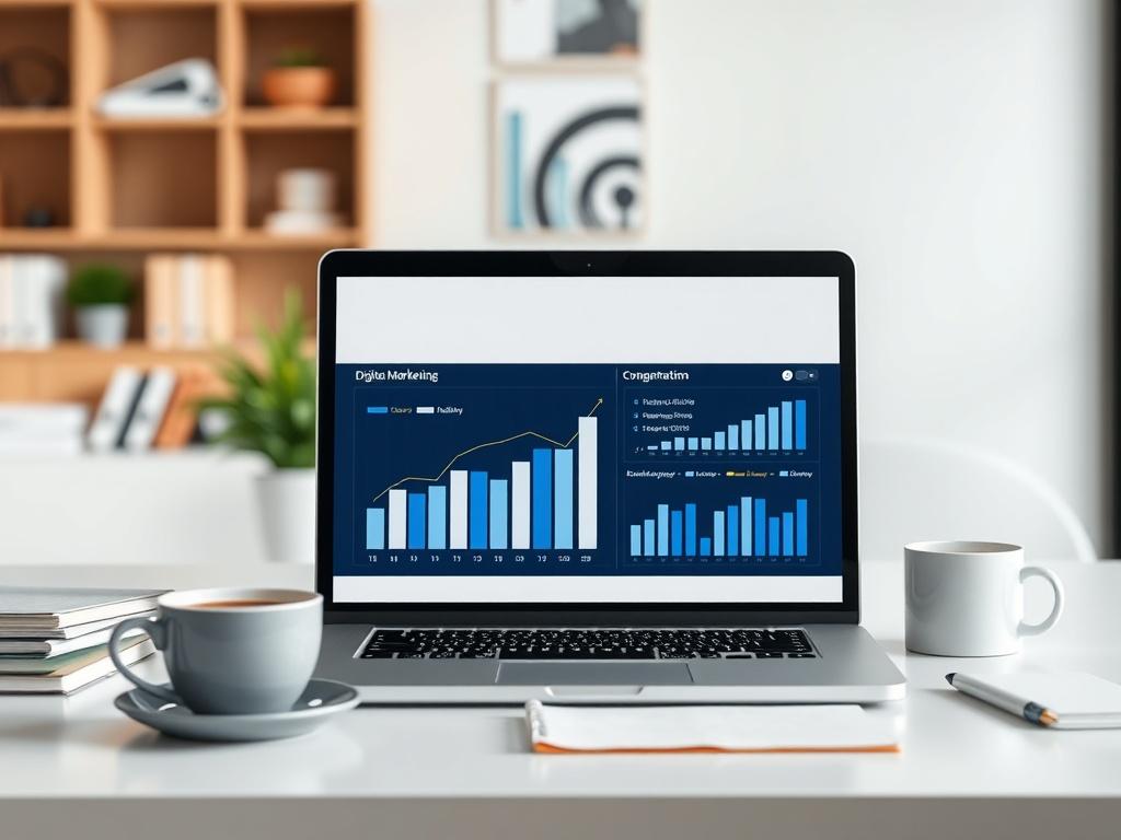 A clean and modern workspace with a laptop displaying digital
