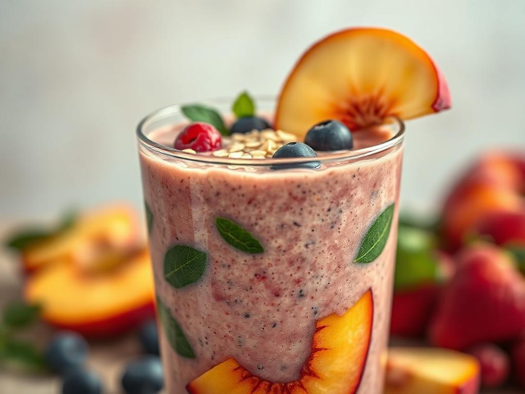 A close-up shot of a vibrant Oregon Fruit Smoothie in a clear glass, featuring a colorful blend of berries, peaches, and greens. The smoothie is topped with a sprinkle of oats and a slice of fresh fruit on the rim. The background is softly blurred to emphasize the texture and colors of the smoothie, with a warm, inviting light that highlights the freshness of the ingredients. The primary color theme is a gentle #CFB07C, enhancing the warm aesthetic.