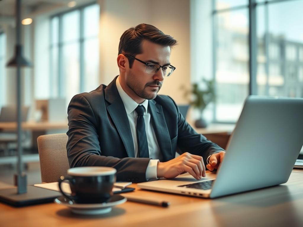 A close-up shot of a confident, professional compliance officer analyzing data on a laptop. The setting is a modern office with soft lighting that creates a warm atmosphere. The officer is focused and engaged, embodying diligence and expertise. Include a clean desk with a few compliance-related documents and a coffee cup. The background should be blurred, emphasizing the subject while maintaining a professional environment. The image should resonate with the RGB color (50, 170, 39) to align with the brand’s aesthetic.